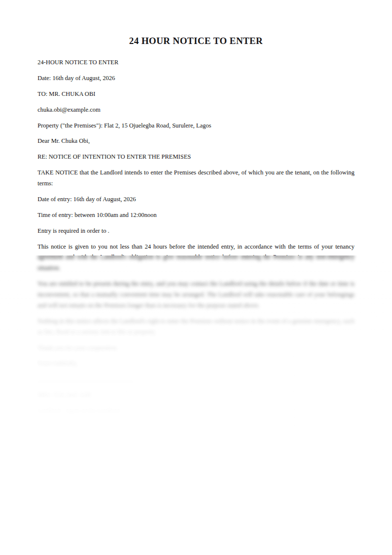 Preview of the 24 Hour Notice to Enter template