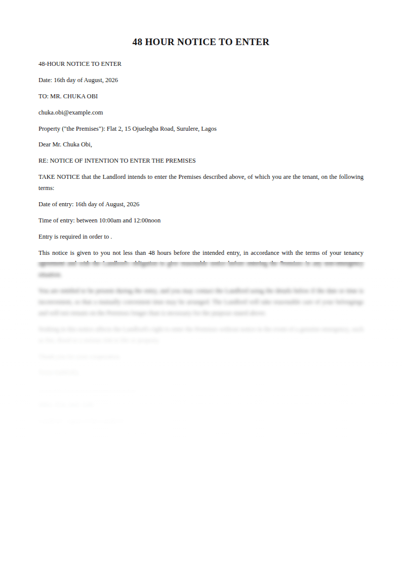 Preview of the 48 Hour Notice to Enter template