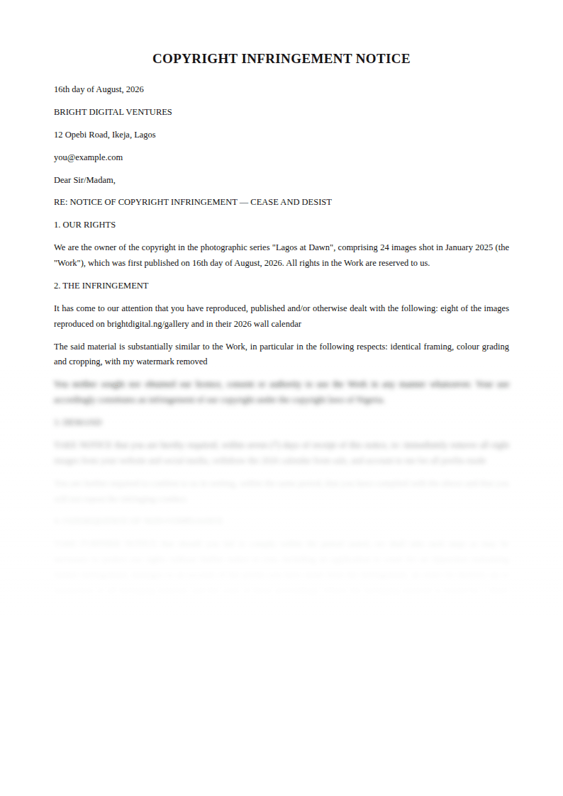 Preview of the Copyright Infringement Notice template