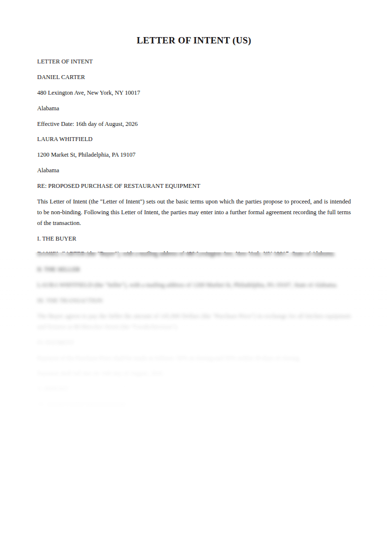 Preview of the Letter of Intent (US) template