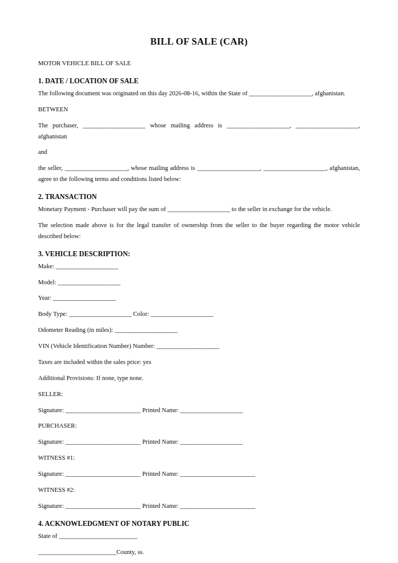 Preview of the Bill of Sale (Car) template