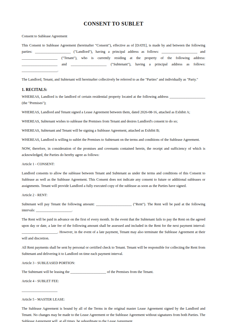 Preview of the Consent to Sublet template