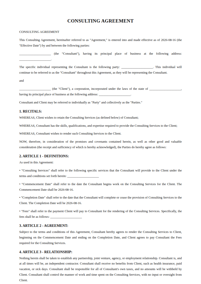 Preview of the Consulting Agreement template