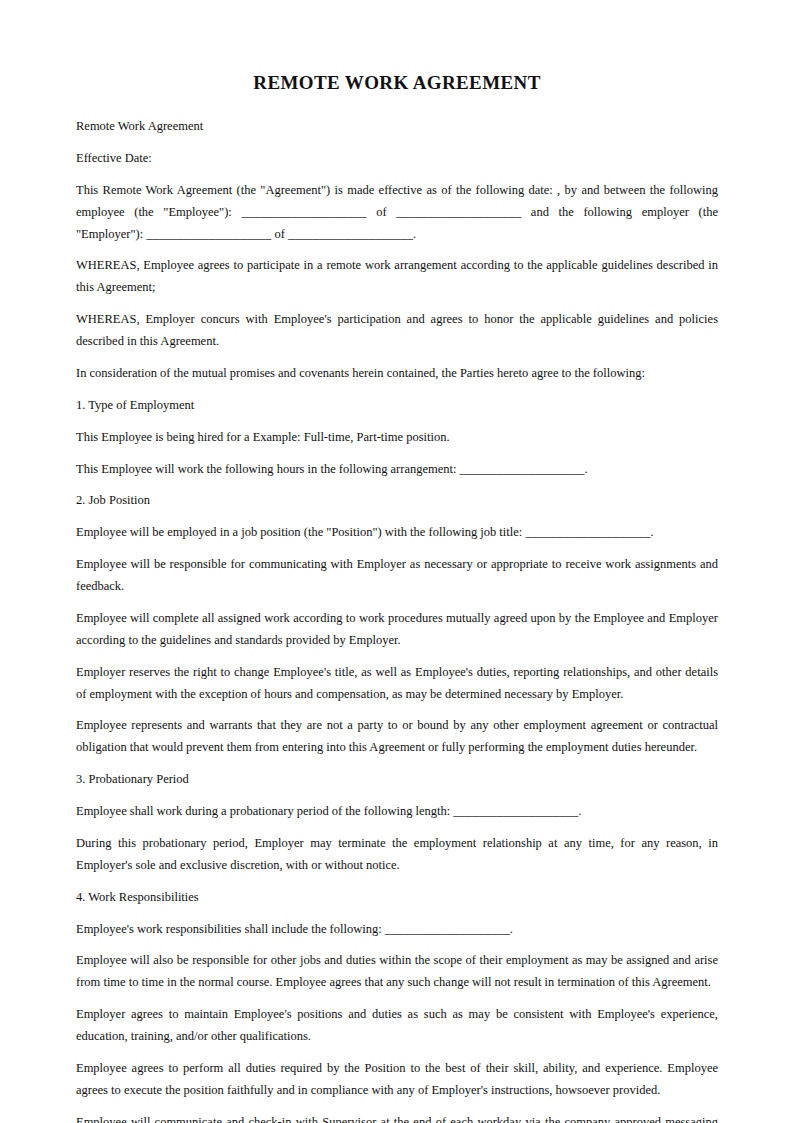 Preview of the Remote Work Agreement template