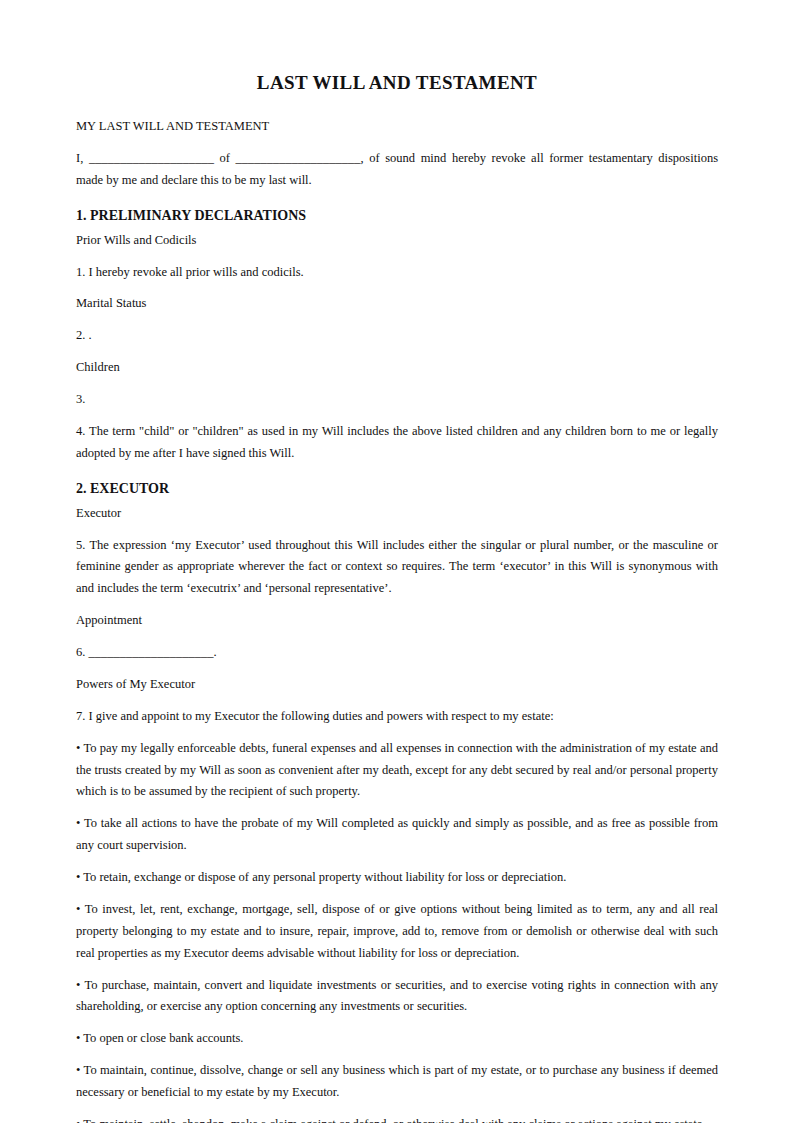 Preview of the Last Will and Testament template