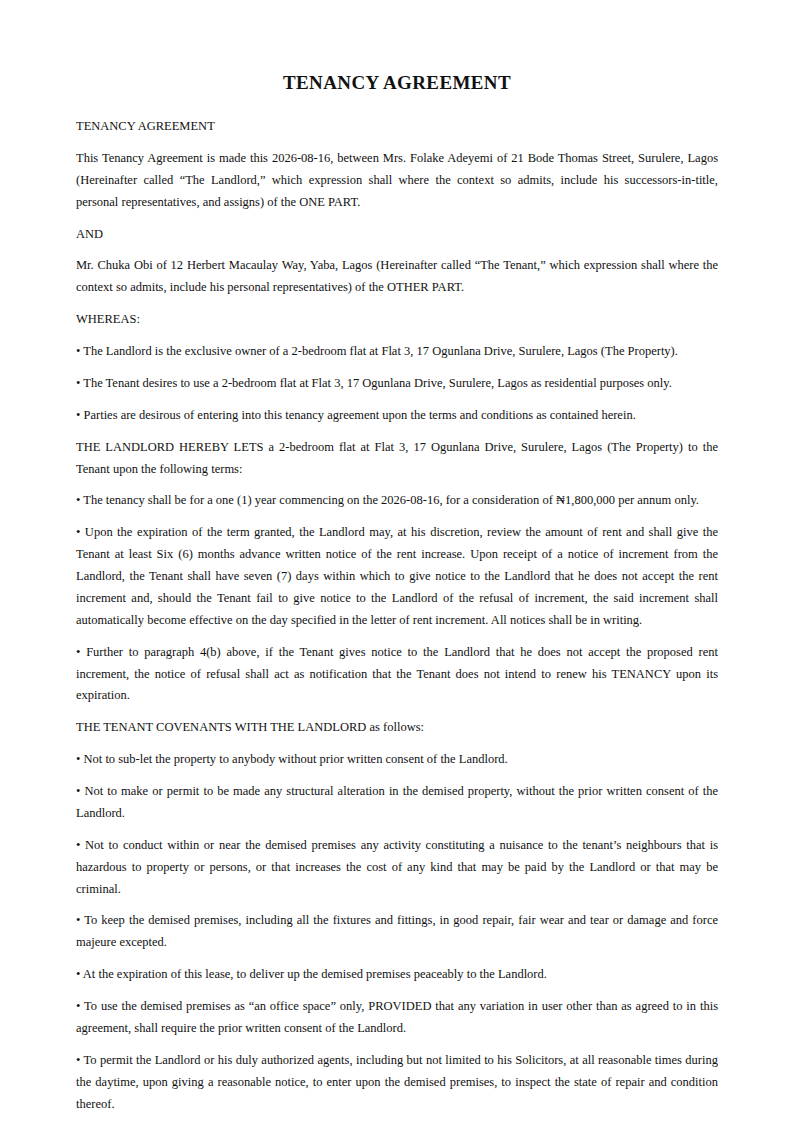 Preview of the Tenancy Agreement template